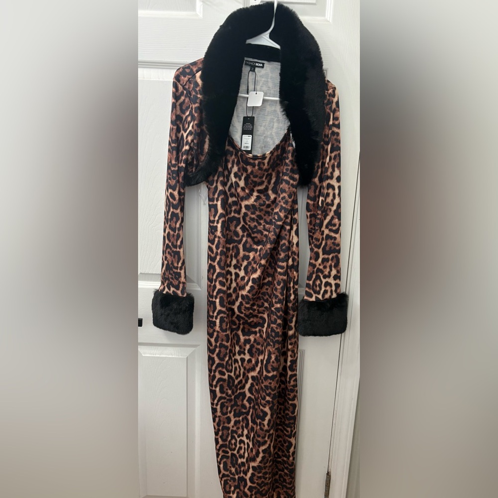 Fashion Nova Leopard Print Dress with Black Fur Trim